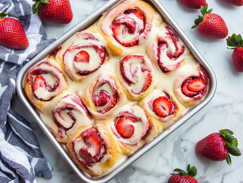Strawberry cheesecake cinnamon rolls in a baking pan, swirled with strawberry filling and topped with cream cheese glaze and fresh strawberry slices. Styled on a marble countertop with whole strawberries and a kitchen towel in the background