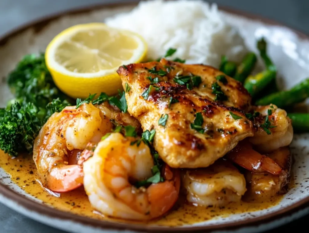 A beautifully plated Chicken and Shrimp dish on a rustic ceramic plate, featuring golden seared chicken pieces and plump, pink shrimp coated in a glossy garlic butter sauce