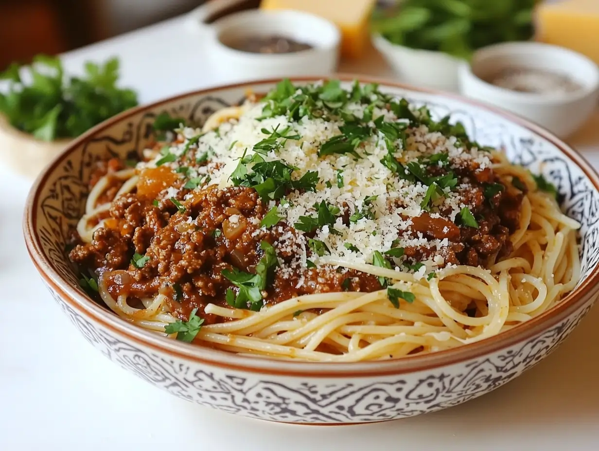 Spaghetti with Meat Sauce and Cheddar Cheese Garnish A bowl of spaghetti topped with rich meat sauce, shredded cheddar cheese, and fresh parsley, served on a white table with small bowls of salt and chopped herbs in the background.