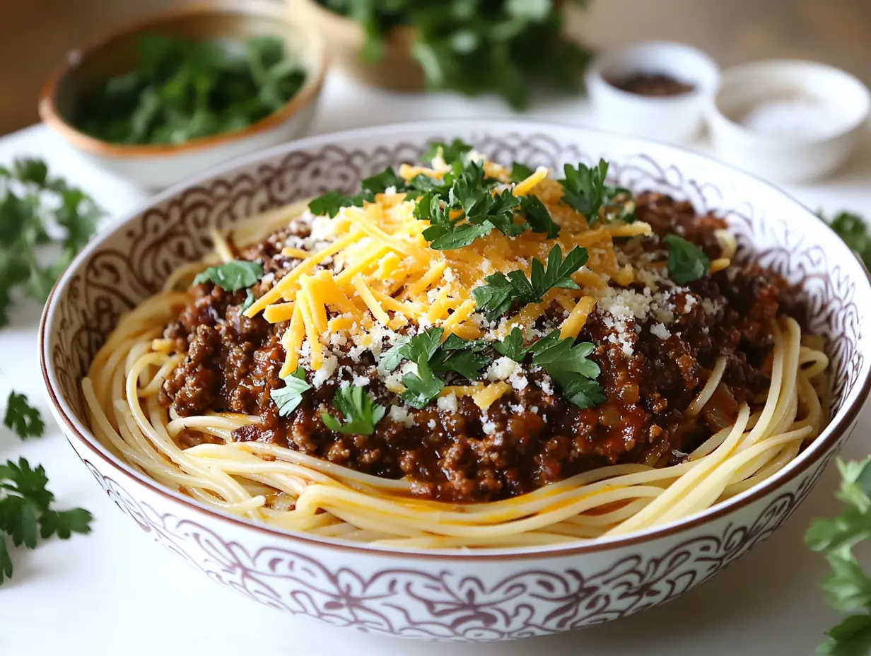 Spaghetti with Meat Sauce and Cheddar Cheese Garnish A bowl of spaghetti topped with rich meat sauce, shredded cheddar cheese, and fresh parsley, served on a white table with small bowls of salt and chopped herbs in the background.