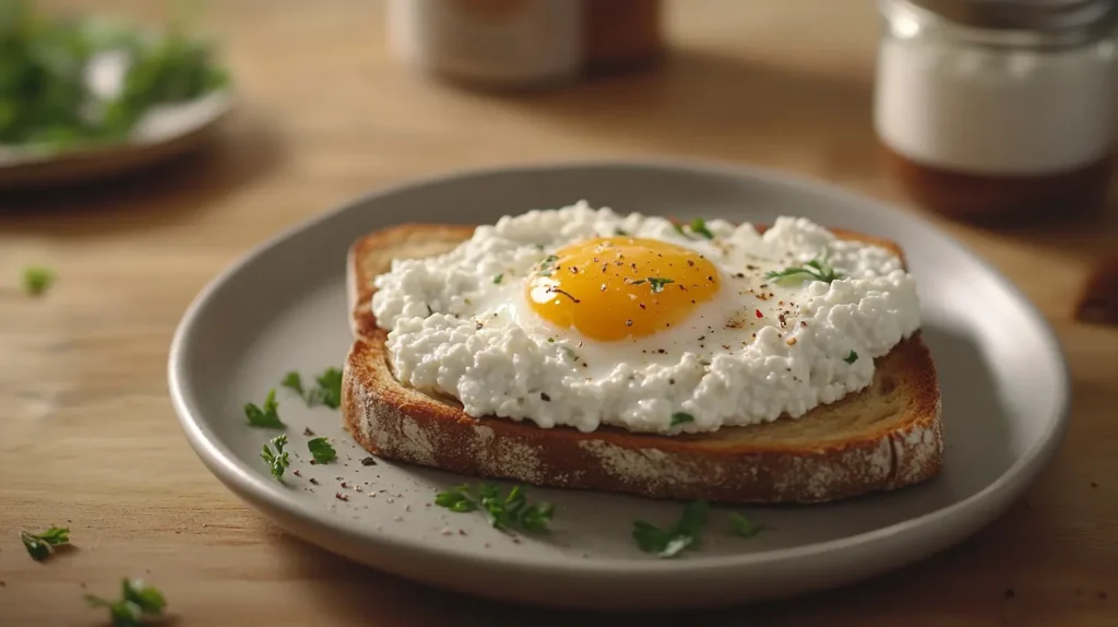 Cottage Cheese Toast with Egg: A slice of whole-grain toast topped with creamy cottage cheese and a sunny-side-up egg, garnished with herbs and spices.