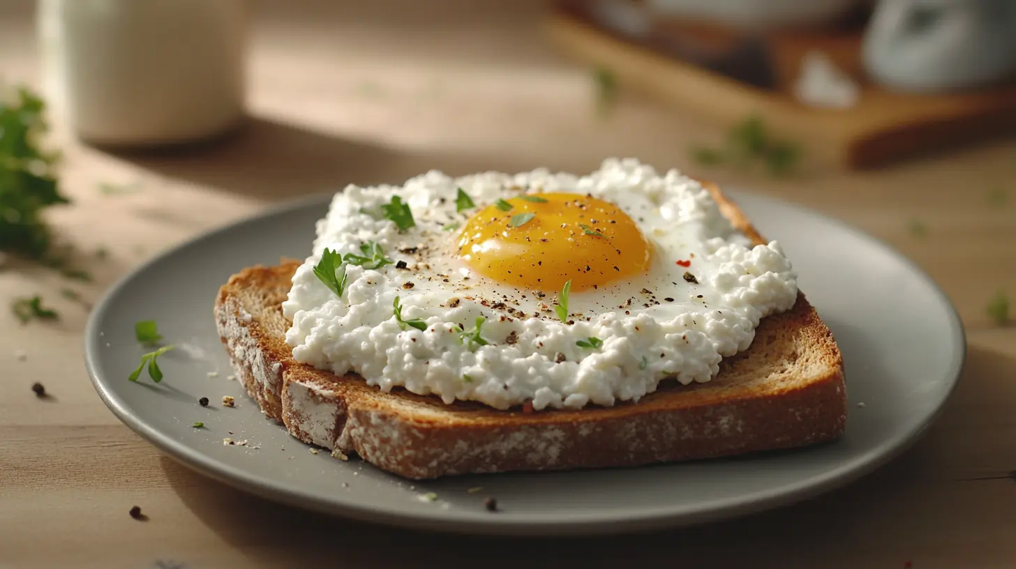 Cottage Cheese Toast with Egg served on a rustic plate, featuring a perfectly cooked egg yolk atop creamy cottage cheese on crispy toast.