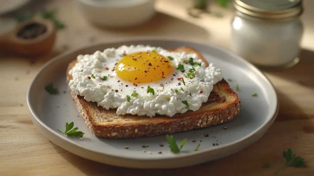 A hearty Cottage Cheese Toast with Egg, garnished with black pepper, chili flakes, and fresh herbs, perfect for a protein-packed breakfast.