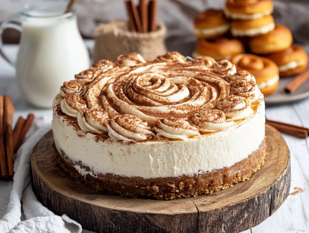 A cinnamon roll cheesecake on a rustic wooden serving board, featuring a graham cracker crust, creamy cheesecake with cinnamon swirls, and cream cheese frosting piped in a spiral pattern, dusted with cinnamon. The background includes cinnamon sticks, a pitcher of milk, and cinnamon rolls on a plate, creating a warm and cozy ambiance