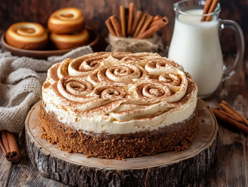 A cinnamon roll cheesecake on a rustic wooden serving board, featuring a graham cracker crust, creamy cheesecake with cinnamon swirls, and cream cheese frosting piped in a spiral pattern, dusted with cinnamon. The background includes cinnamon sticks, a pitcher of milk, and cinnamon rolls on a plate, creating a warm and cozy ambiance