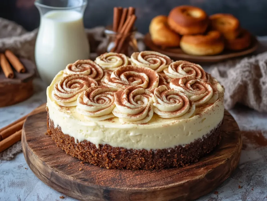 A cinnamon roll cheesecake on a rustic wooden serving board, featuring a graham cracker crust, creamy cheesecake with cinnamon swirls, and cream cheese frosting piped in a spiral pattern, dusted with cinnamon. The background includes cinnamon sticks, a pitcher of milk, and cinnamon rolls on a plate, creating a warm and cozy ambiance