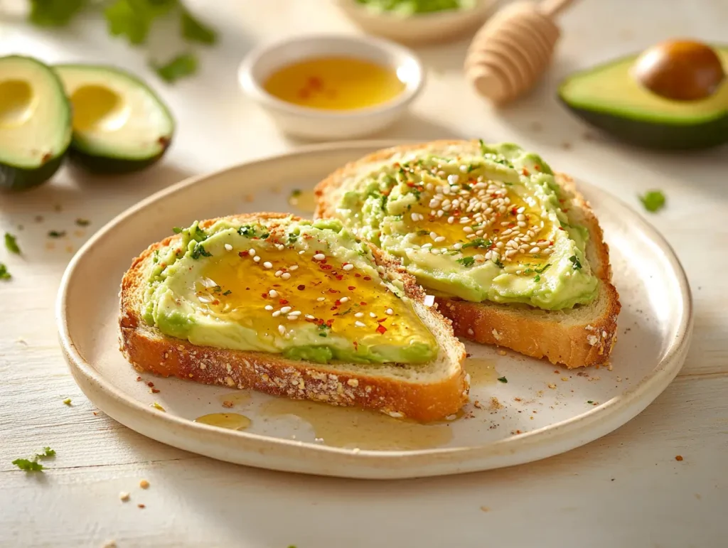 Avocado toast with honey on rustic sourdough bread, drizzled with honey, and garnished with red pepper flakes and sesame seeds