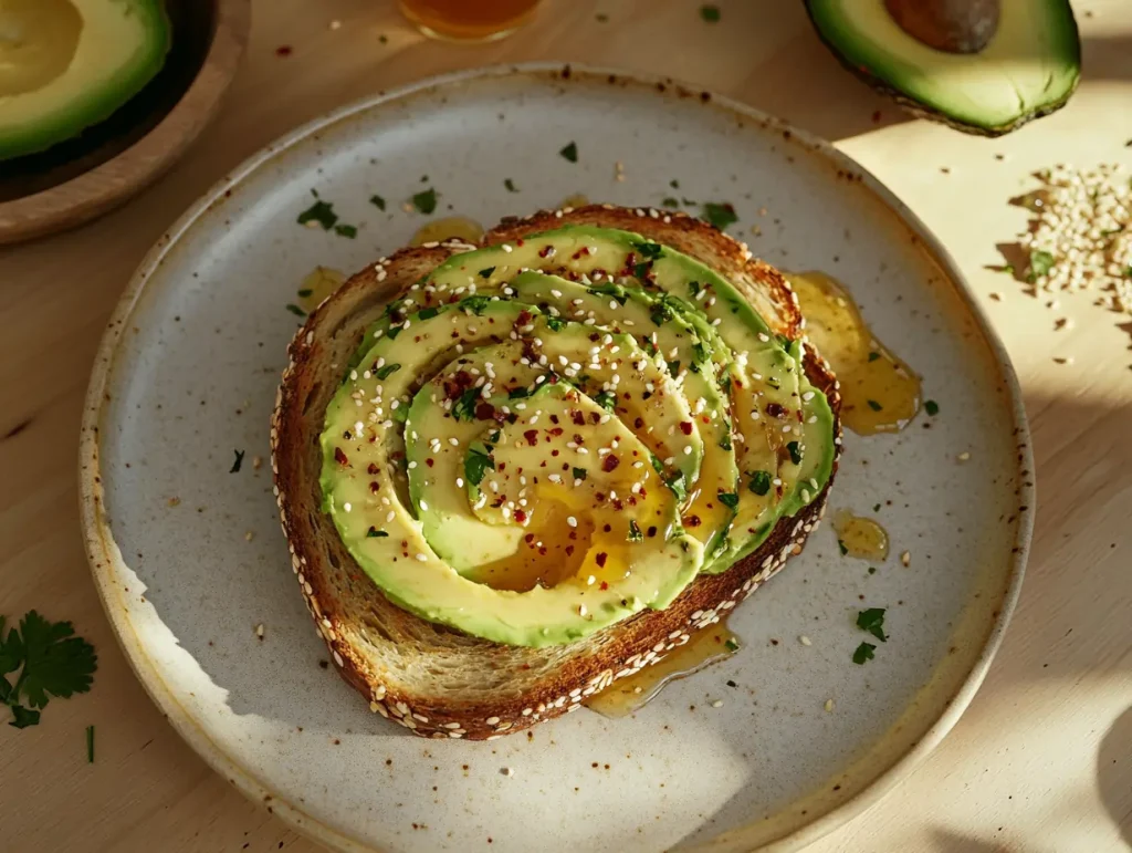 Avocado toast with honey on rustic sourdough bread, drizzled with honey, and garnished with red pepper flakes and sesame seeds.