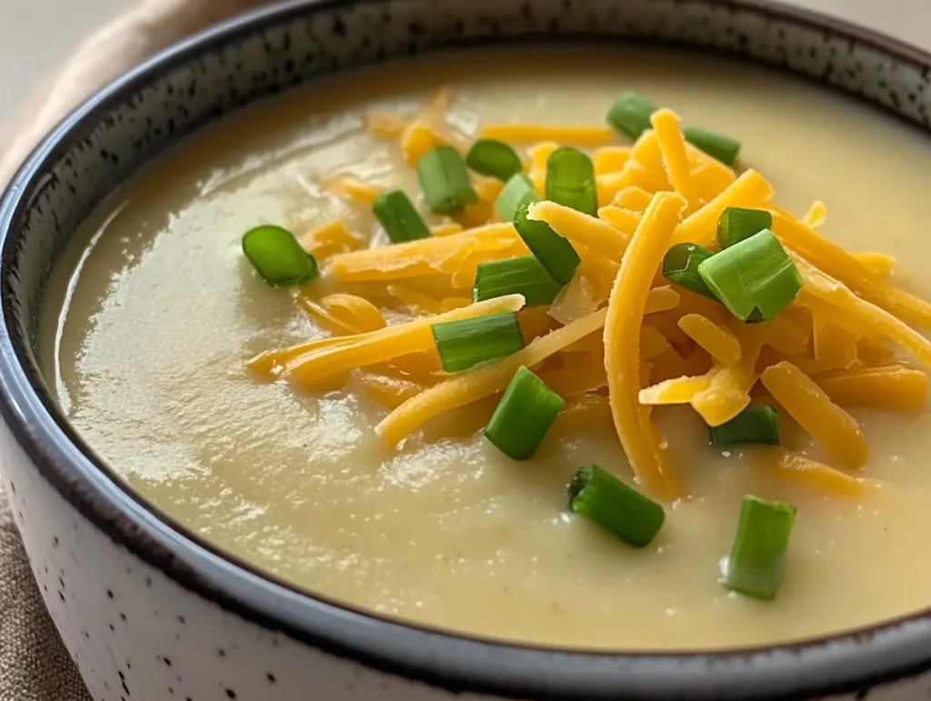 creamy hash brown potato soup served in a rustic white ceramic bowl