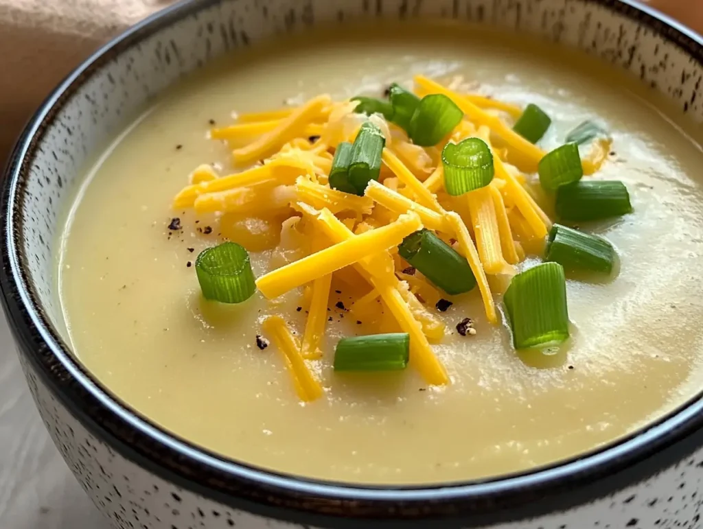 creamy hash brown potato soup served in a rustic white ceramic bowl 