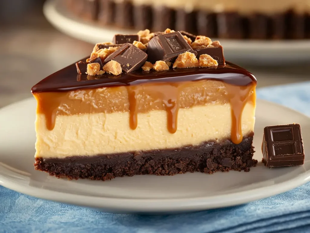 A slice of Reese’s caramel cheesecake on a white plate with a chocolate cookie crust, peanut butter cheesecake filling, and topped with melted chocolate, caramel drizzle, and chopped Reese’s cups. A small Reese’s cup sits nearby, with the background featuring a full cheesecake and soft blue and white napkins