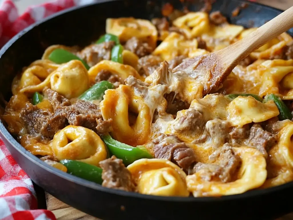 Close-up of Philly Cheesesteak Tortellini Pasta in a skillet with melted cheese, tender beef, green bell peppers, and tortellini.