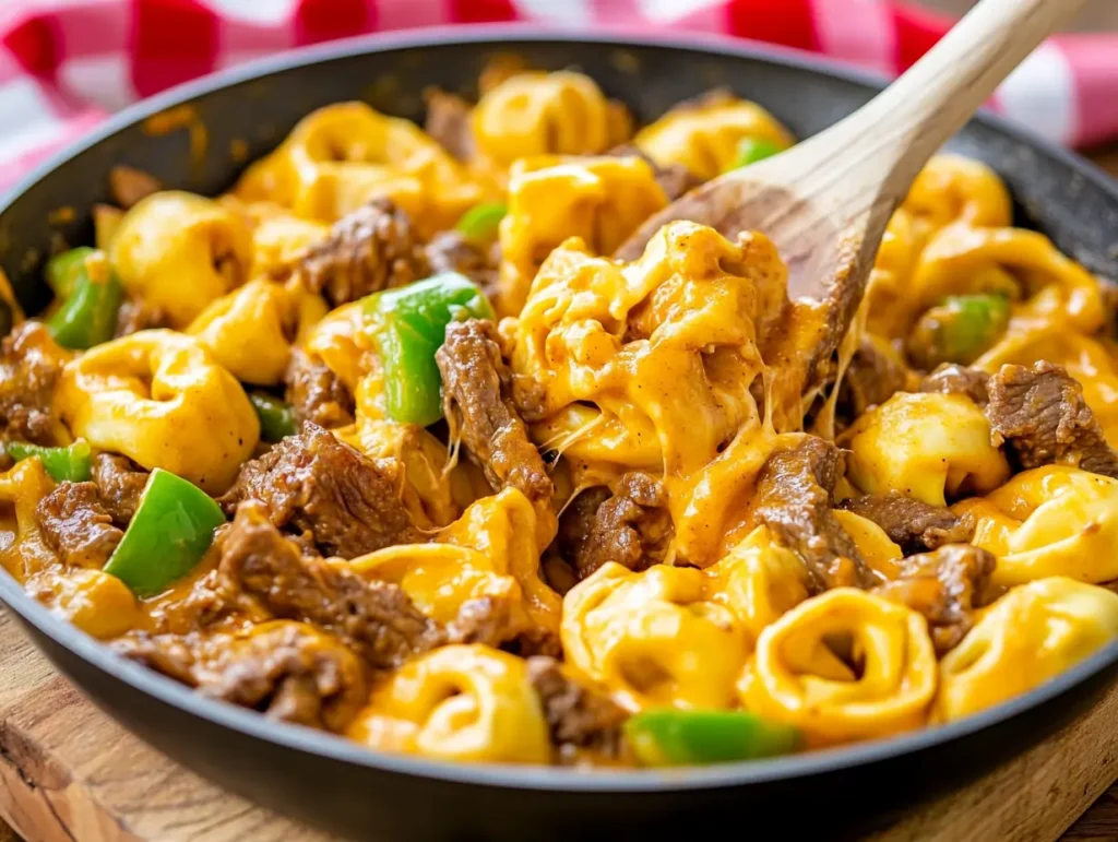 Cheesy Philly Cheesesteak Tortellini Pasta served in a black skillet, stirred with a wooden spoon for a hearty dinner.