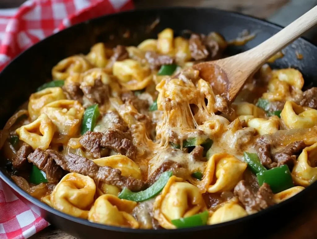 Homemade Philly Cheesesteak Tortellini Pasta with golden cheese, beef slices, and green peppers, ready to serve.