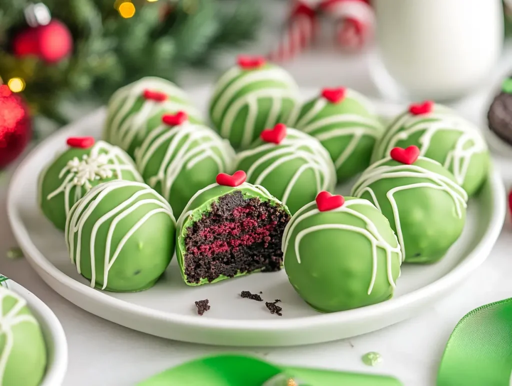 Festive Grinch Oreo balls with green candy coating, red hearts, and a rich red filling displayed on a white plate.