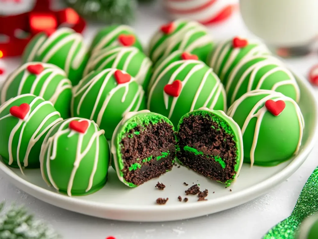 Christmas-themed Grinch Oreo balls topped with red heart sprinkles, with one ball cut in half to show the creamy red Oreo filling