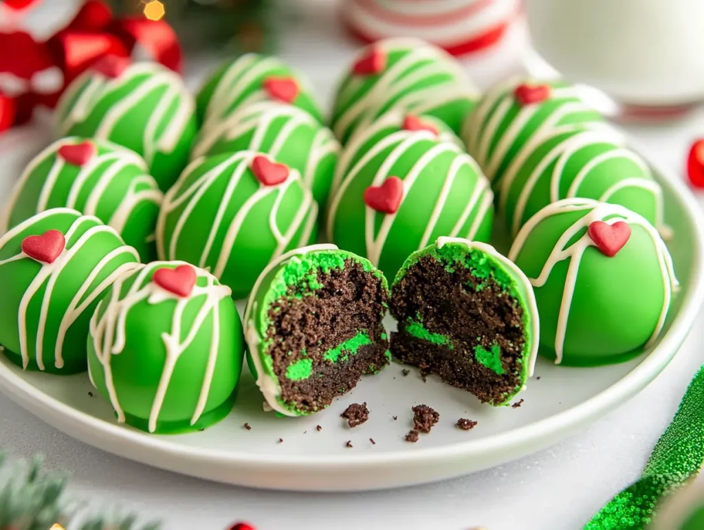 Vibrant green Grinch Oreo truffles decorated with red hearts, arranged neatly on a festive platter