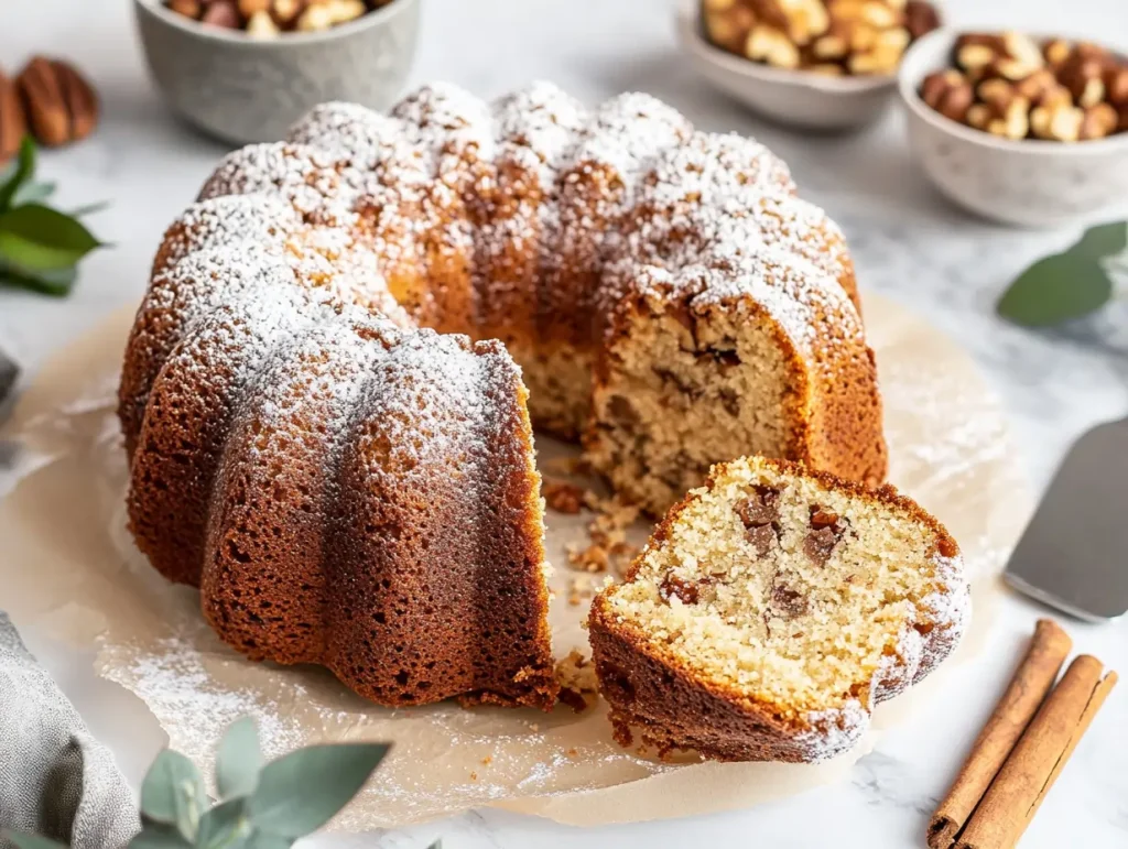 A freshly baked nut cake in a bundt shape, golden brown with a soft, crumbly texture