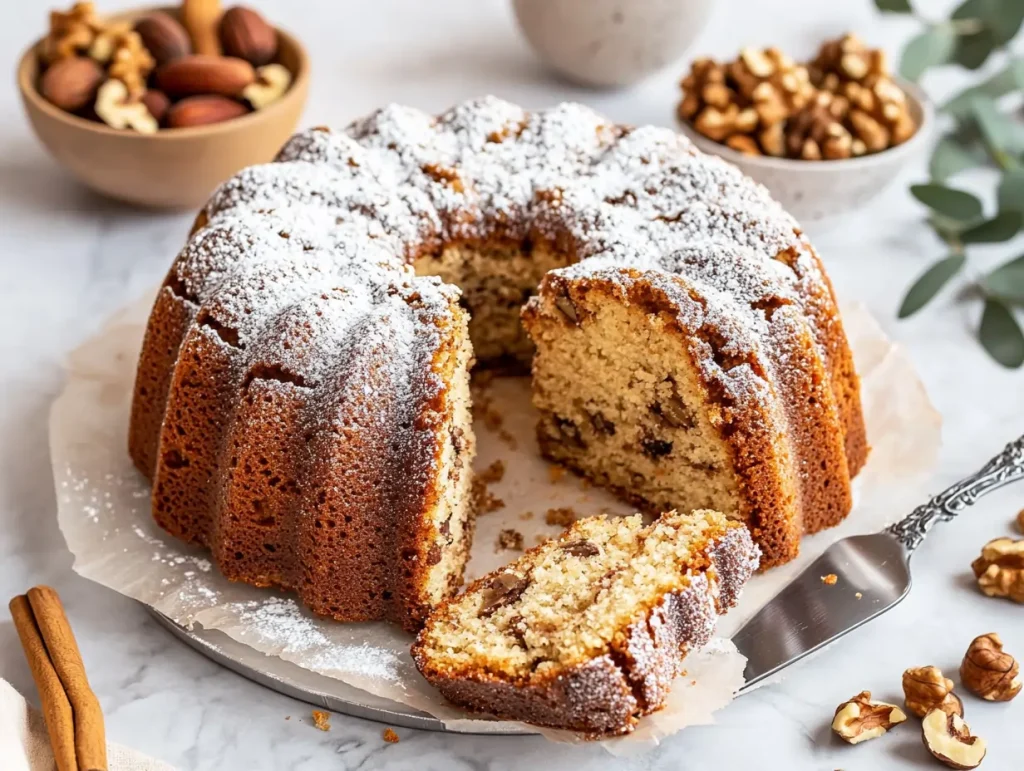 A freshly baked nut cake in a bundt shape, golden brown with a soft, crumbly texture