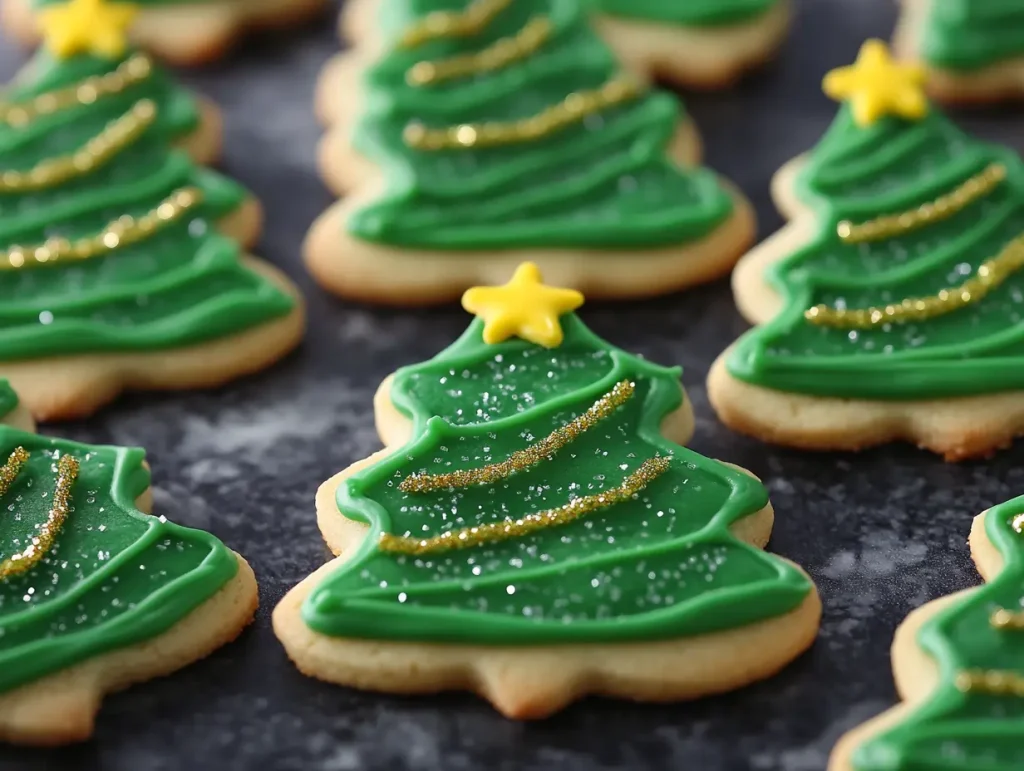 A platter of vegan Christmas cookies with frosting and holiday decorations.