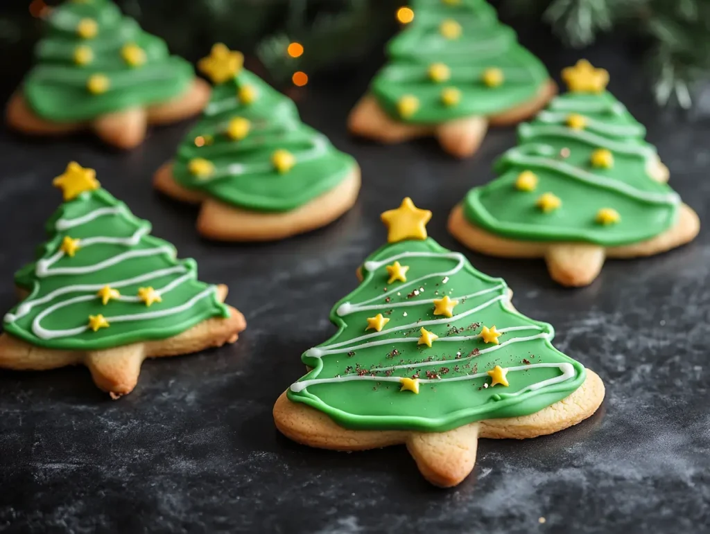 A platter of vegan Christmas cookies with frosting and holiday decorations.