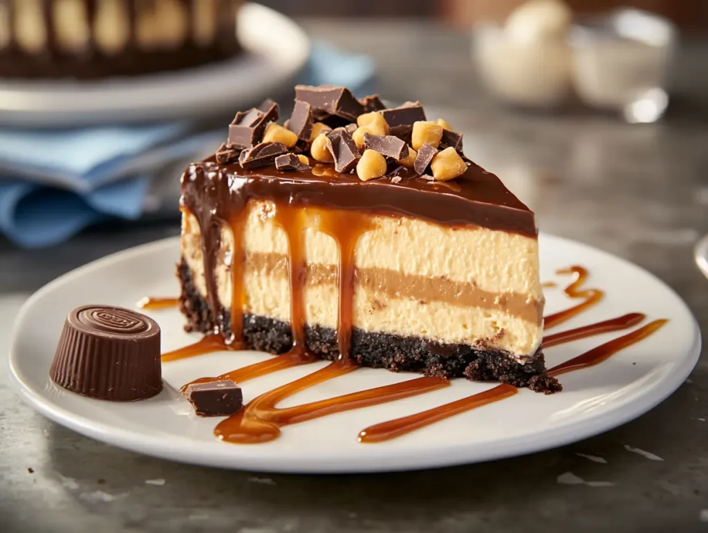 A slice of Reese’s caramel cheesecake on a white plate with a chocolate cookie crust, peanut butter cheesecake filling, and topped with melted chocolate, caramel drizzle, and chopped Reese’s cups. A small Reese’s cup sits nearby, with the background featuring a full cheesecake and soft blue and white napkins