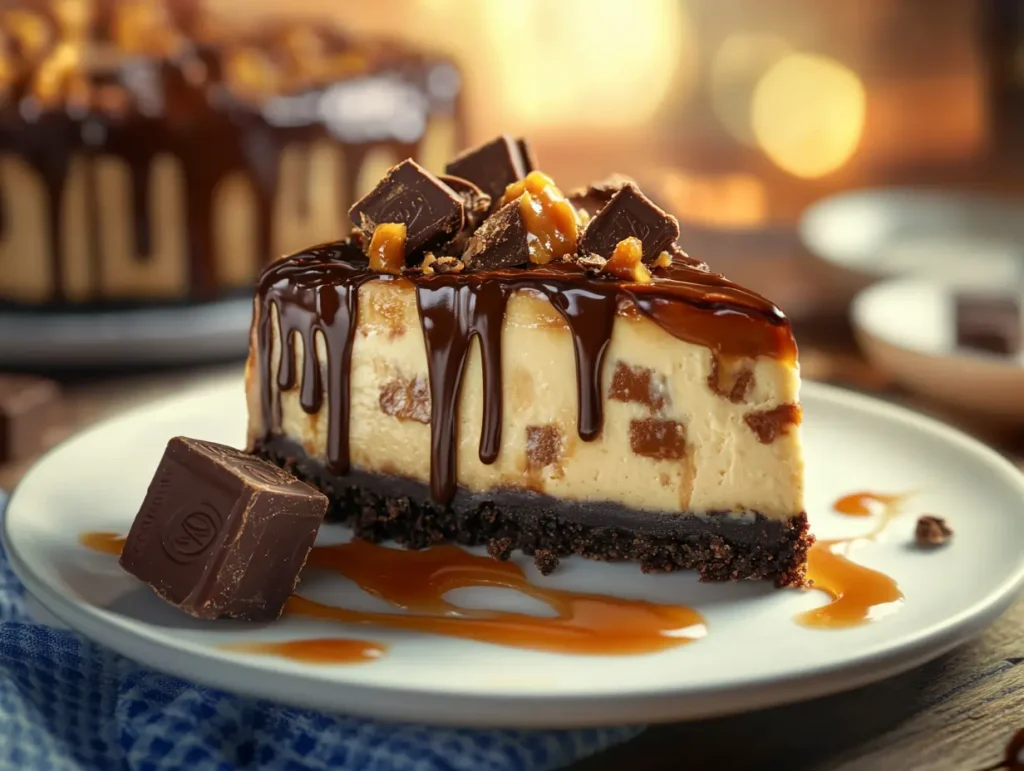 A slice of Reese’s caramel cheesecake on a white plate with a chocolate cookie crust, peanut butter cheesecake filling, and topped with melted chocolate, caramel drizzle, and chopped Reese’s cups. A small Reese’s cup sits nearby, with the background featuring a full cheesecake and soft blue and white napkins
