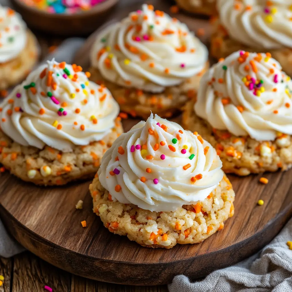 Close-up of a frosted carrot cake cookie with vibrant orange sprinkles on a wooden surface.