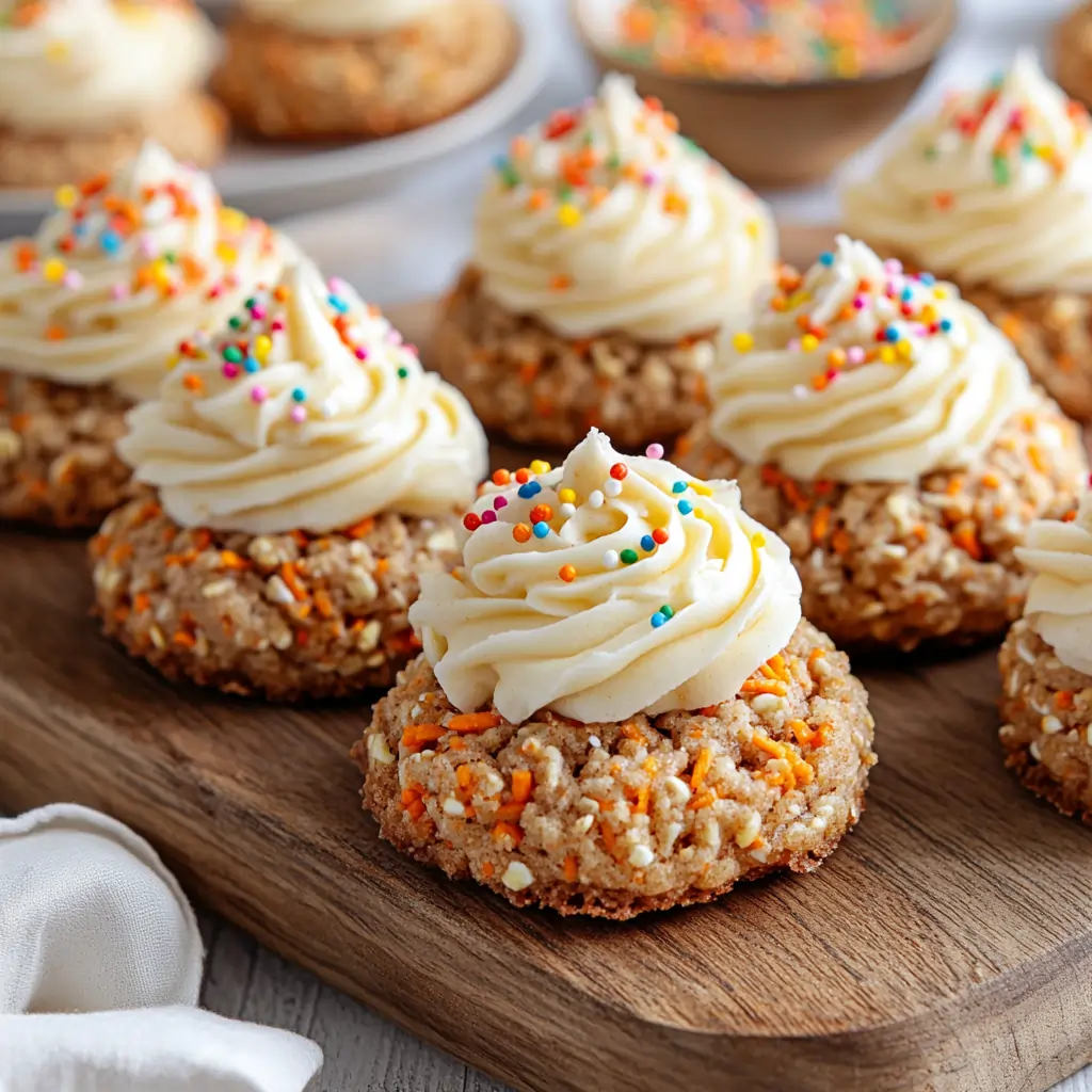 Soft carrot cake cookie with cream cheese frosting and orange sprinkles, showcasing a chewy texture and rich flavor.