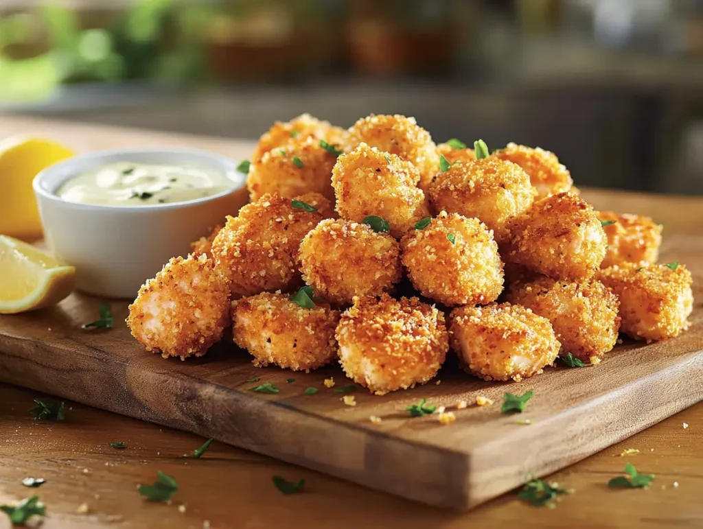 crispy salmon bites served on a rustic wooden board with a small bowl of creamy dipping sauce on the side