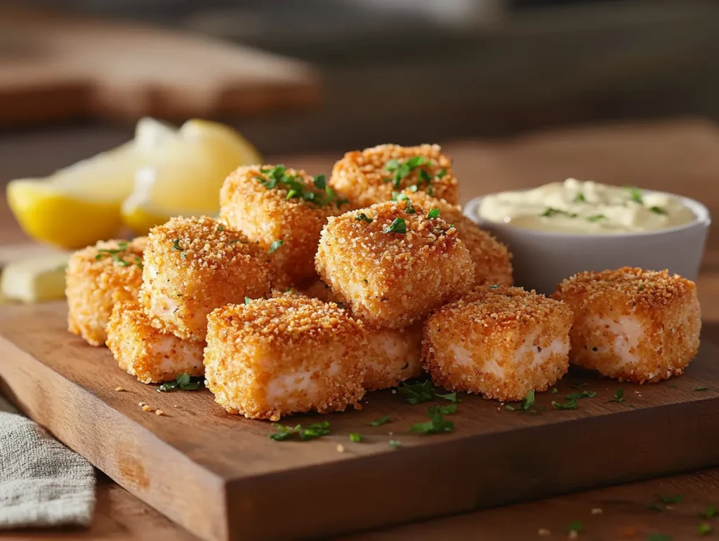 crispy salmon bites served on a rustic wooden board with a small bowl of creamy dipping sauce on the side