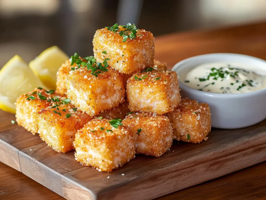 crispy salmon bites served on a rustic wooden board with a small bowl of creamy dipping sauce on the side