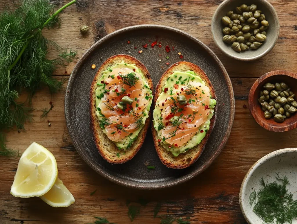 Two slices of avocado salmon toast on sourdough bread, topped with creamy mashed avocado, smoked salmon, fresh dill, capers, and red pepper flakes, served on a rustic wooden table with a lemon wedge