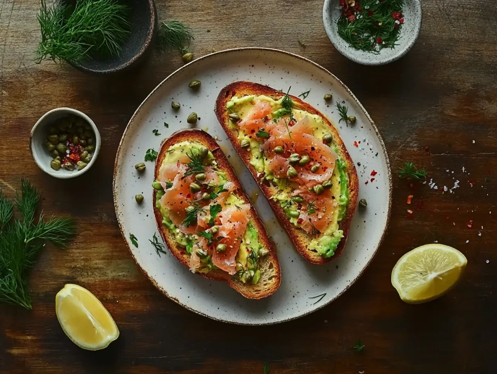 Two slices of avocado salmon toast on sourdough bread, topped with creamy mashed avocado, smoked salmon, fresh dill, capers, and red pepper flakes, served on a rustic wooden table with a lemon wedge