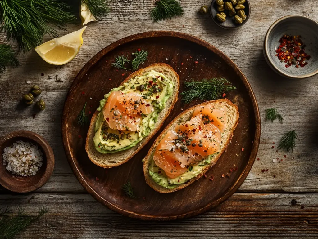 Two slices of avocado salmon toast on sourdough bread, topped with creamy mashed avocado, smoked salmon, fresh dill, capers, and red pepper flakes, served on a rustic wooden table with a lemon wedge