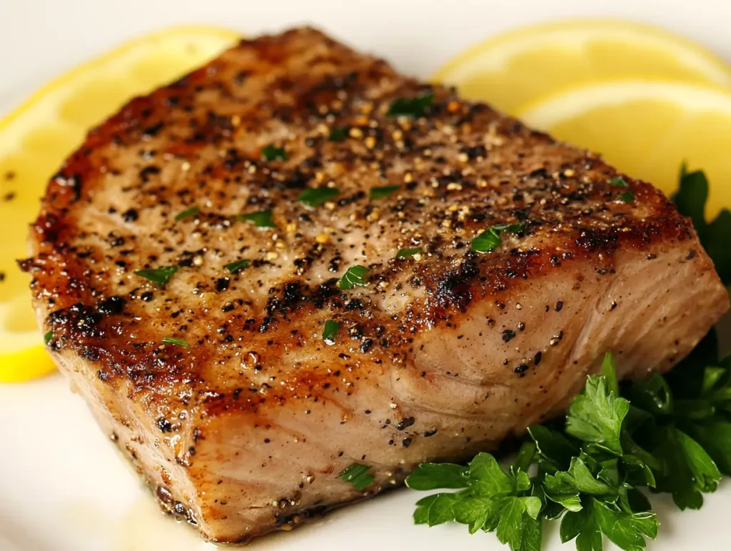 Home-cooked tuna steak garnished with lemon slices,