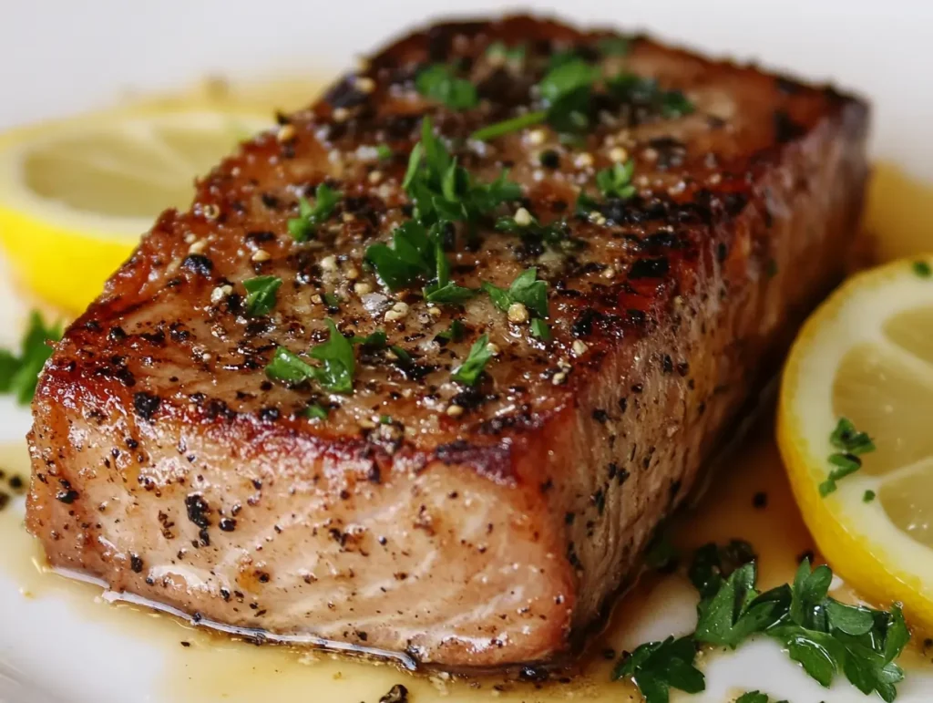 Home-cooked tuna steak garnished with lemon slices,