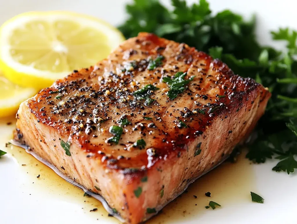 Home-cooked tuna steak garnished with lemon slices,