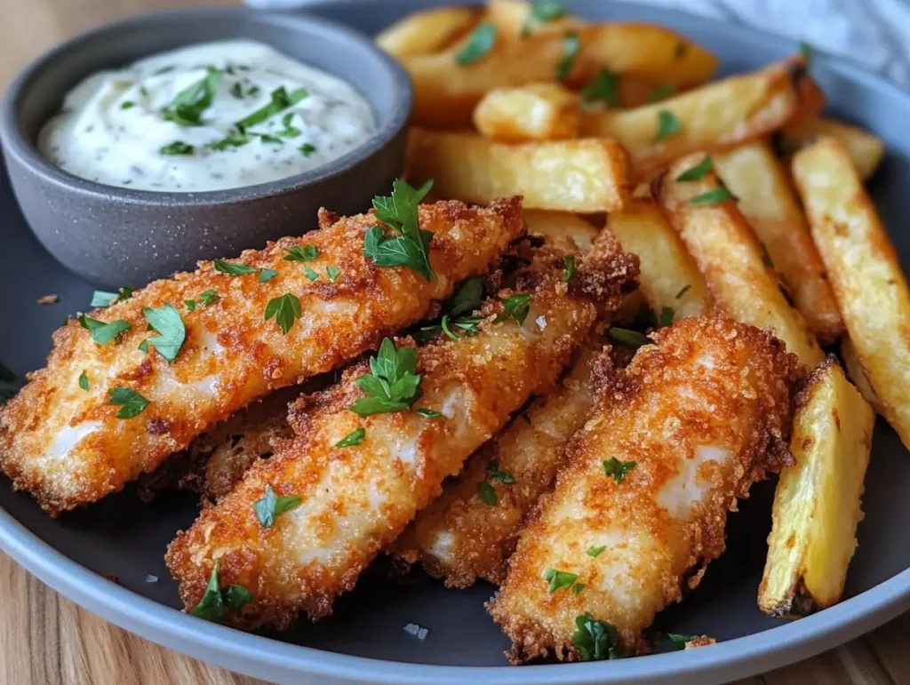 A plate of crispy, golden fish fillets coated in cassava flour batter, served with baked rutabaga fries, garnished with fresh parsley and a wedge of lemon. A small bowl of creamy lemon aioli is on the side, with a rustic wooden table and soft natural lighting in the background