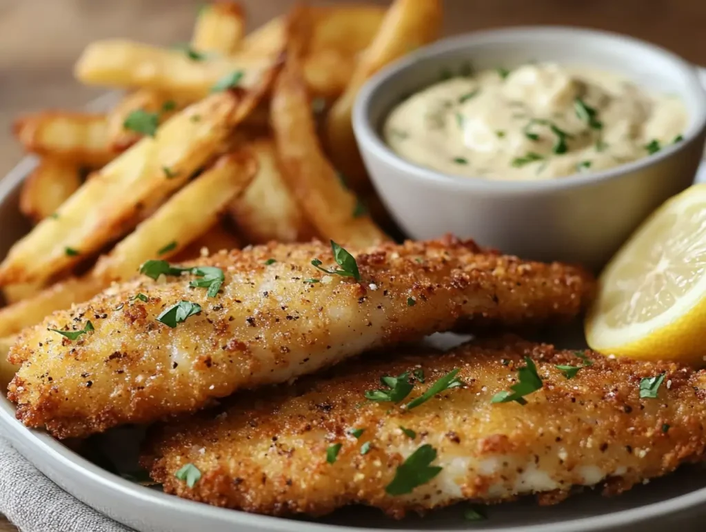 A plate of crispy, golden fish fillets coated in cassava flour batter, served with baked rutabaga fries, garnished with fresh parsley and a wedge of lemon. A small bowl of creamy lemon aioli is on the side, with a rustic wooden table and soft natural lighting in the background