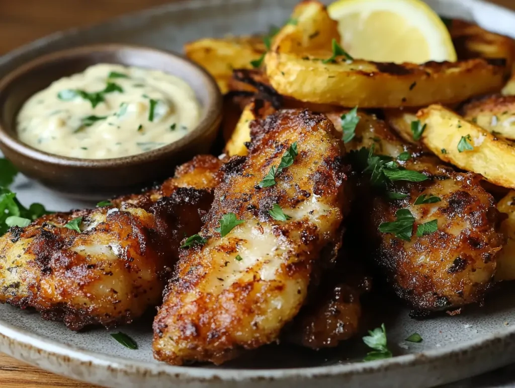 A plate of crispy, golden fish fillets coated in cassava flour batter, served with baked rutabaga fries, garnished with fresh parsley and a wedge of lemon. A small bowl of creamy lemon aioli is on the side, with a rustic wooden table and soft natural lighting in the background