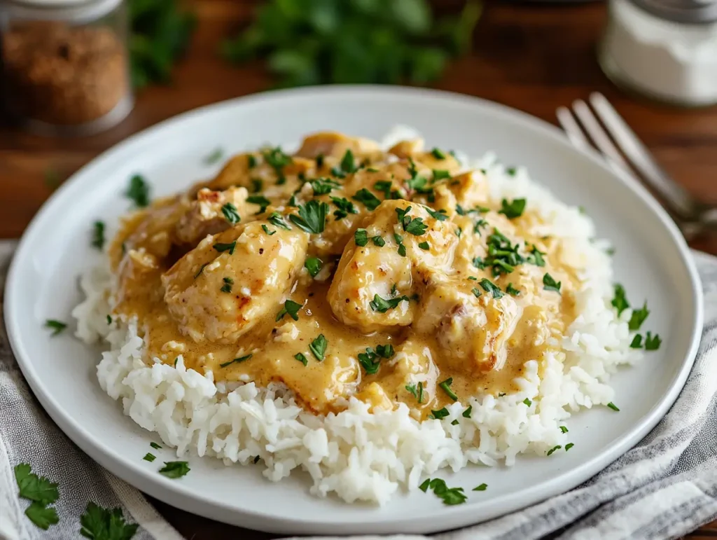 freshly made dish of smothered chicken and rice, plated on a simple white plate.