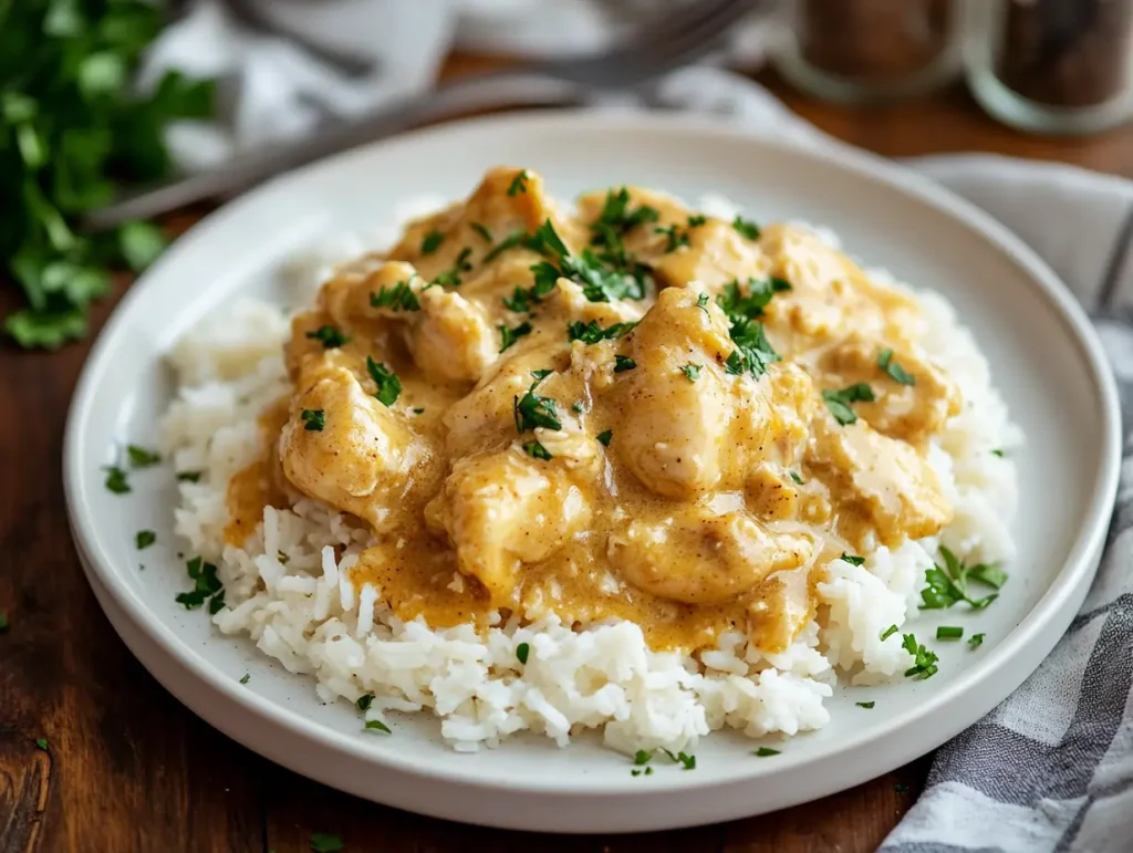 A plate of smothered chicken and rice, featuring creamy chicken in a rich sauce over fluffy white rice, garnished with fresh parsley