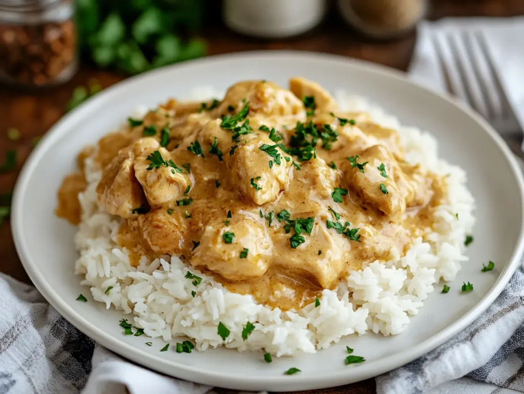 Smothered chicken and rice topped with creamy sauce and fresh parsley, served on a white plate for a comforting and delicious meal.