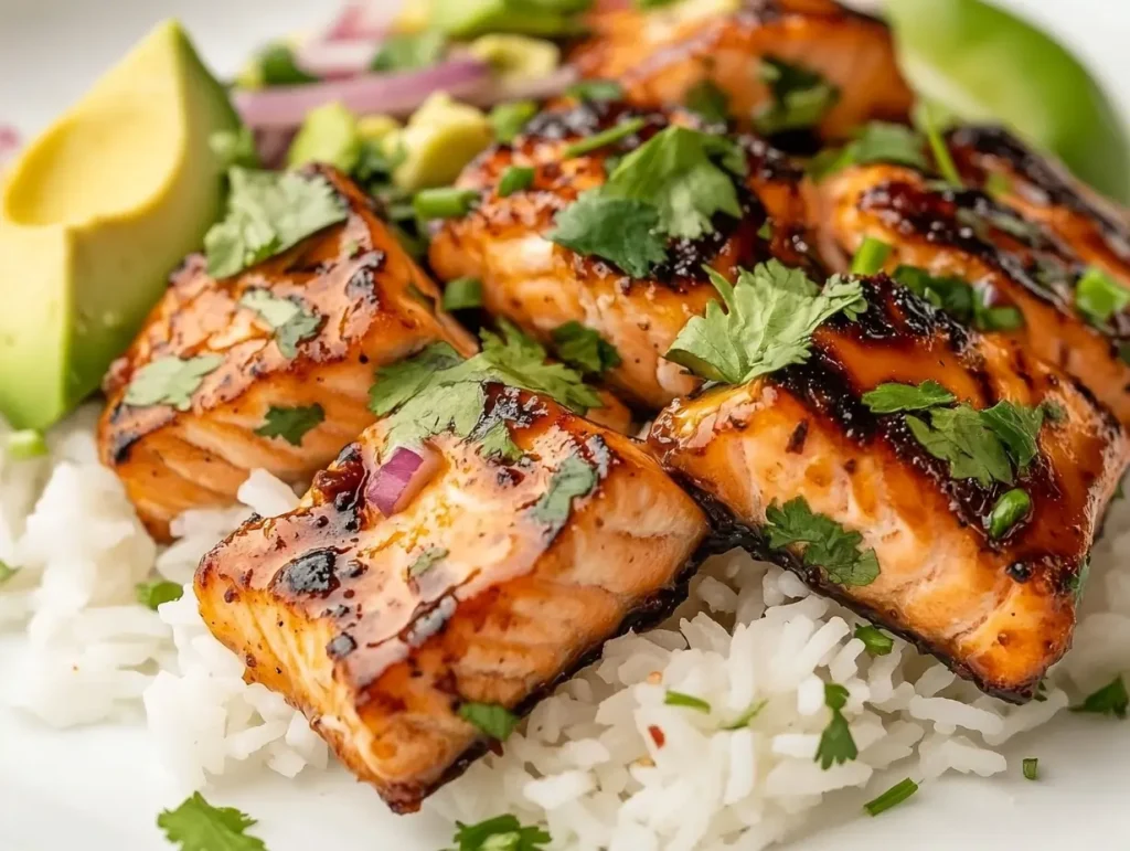 Plate of grilled teriyaki salmon bites garnished with cilantro, served with white rice and avocado salsa, styled with vibrant colors and natural lighting