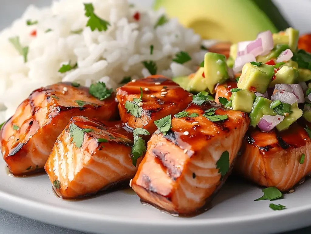 Plate of grilled teriyaki salmon bites garnished with cilantro, served with white rice and avocado salsa, styled with vibrant colors and natural lighting