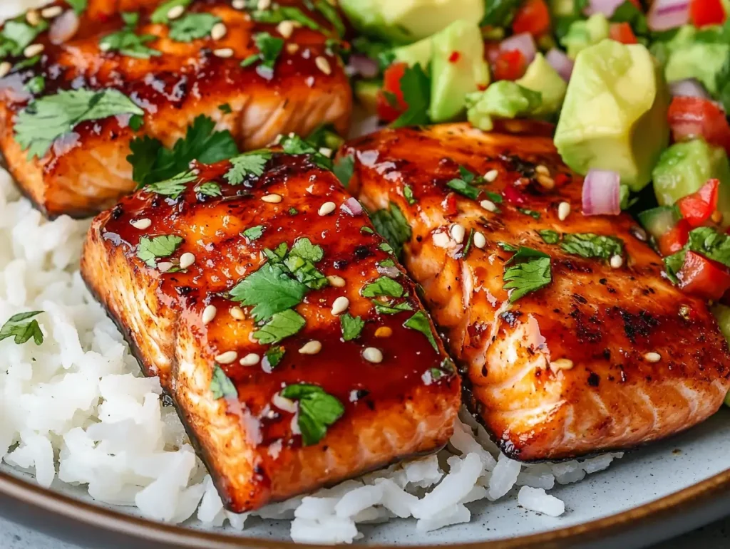Plate of grilled teriyaki salmon bites garnished with cilantro, served with white rice and avocado salsa, featuring diced avocado, red onion, and chili flakes