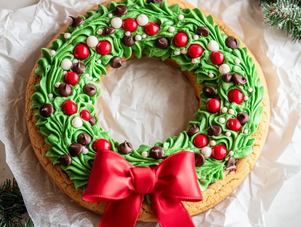 A detailed view of a slice of Christmas Cookie Cake, highlighting the chewy cookie texture and colorful holiday decorations