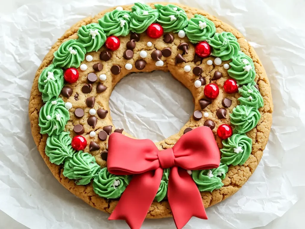 A giant chocolate chip cookie cake shaped and decorated like a holiday wreath, featuring vibrant green frosting, red accents, and edible sprinkles