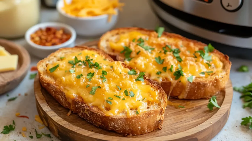 Delicious air fryer cheese toast topped with melted cheese and herbs, served warm on a rustic wooden plate with a jar of butter in the background.
